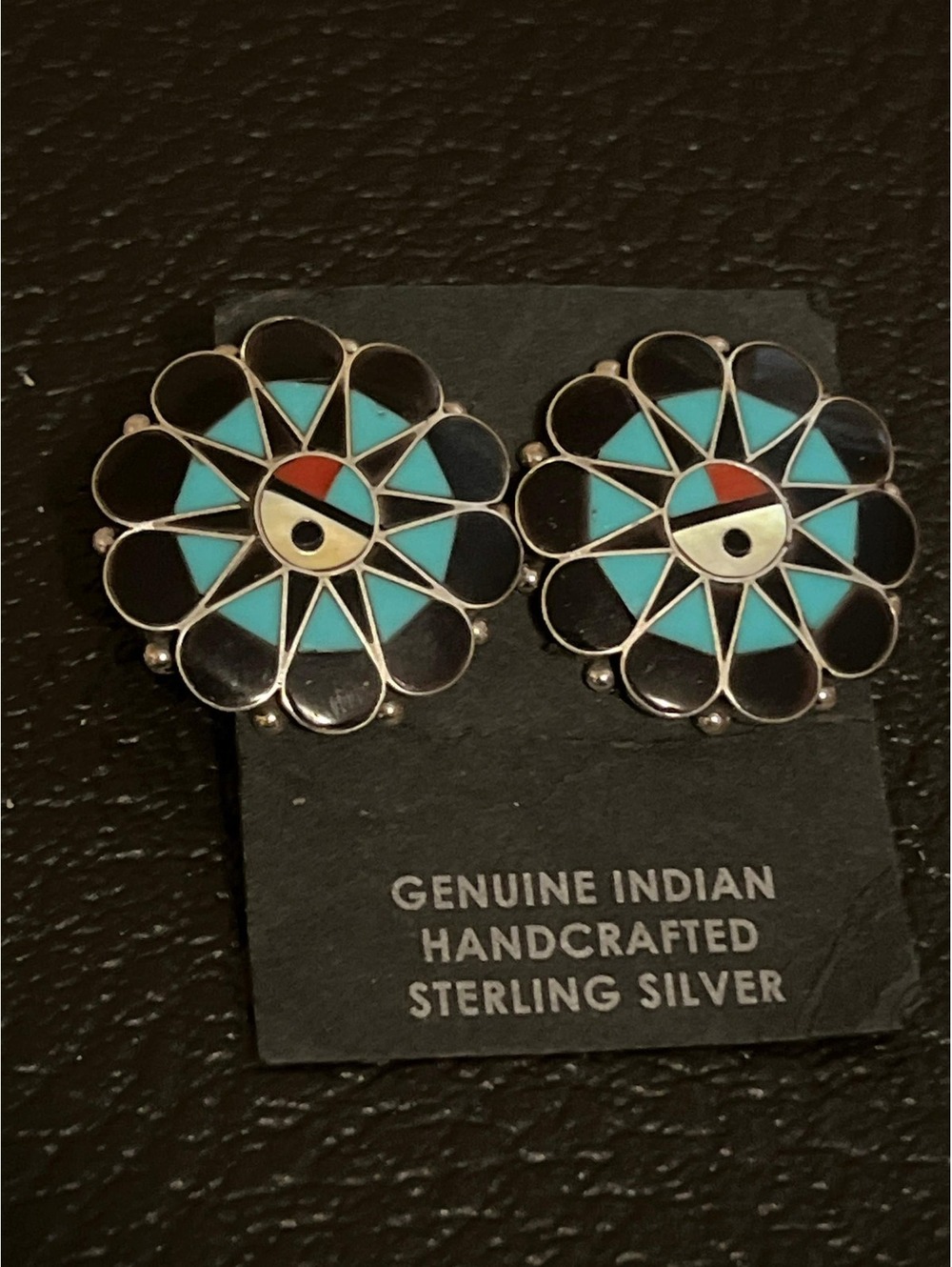 Zuni handmade mother of pearl inlay cluster earrings sterling silver